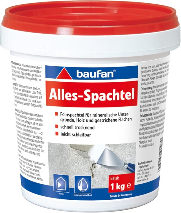 Baufan Alles-Spachtel Weiß 1kg I Zum Ausbessern & Glätten von mineralischen Untergründen wie Putz, Beton I Schnell trocknend & gut schleifbar