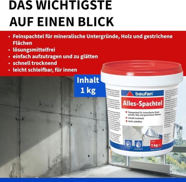 Baufan Alles-Spachtel Weiß 1kg I Zum Ausbessern & Glätten von mineralischen Untergründen wie Putz, Beton I Schnell trocknend & gut schleifbar – Bild 3