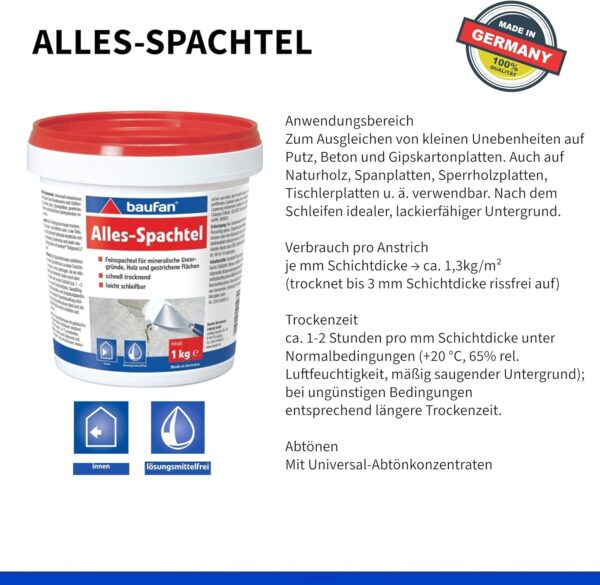 Baufan Alles-Spachtel Weiß 1kg I Zum Ausbessern & Glätten von mineralischen Untergründen wie Putz, Beton I Schnell trocknend & gut schleifbar – Bild 2