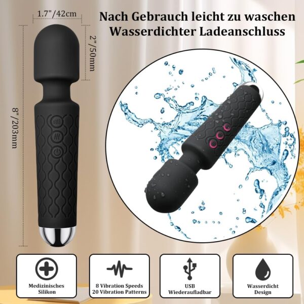Massagestab Massager Leises&Starkes,Elektrischer Handheld Kabelloses Handmassagegerät Stab-Massager aus Weiches Silikon, 20 Vibrationsmodi& 8 Geschwindigkeiten,Ganzkörper,Schwarz – Bild 2