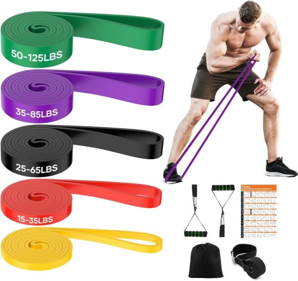 Fokky Fitnessbänder Widerstandsbänder mit 5 Stufen, Resistance Bands mit Türanker, 2*Griffen, Übungsanleitung&Tragebeutel, Gymnastikband Klimmzugband Fitnessband für Muskelaufbau,Yoga,Pilates 5er Set