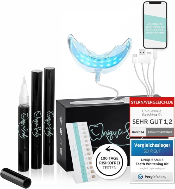 Hochwertiges Teeth whitening kit - Testsieger 2023-100 Tage risikofrei testen - All in One Bundle für Zahnaufhellung & weiße Zähne - Zahn Bleaching Set (Basic-Set)
