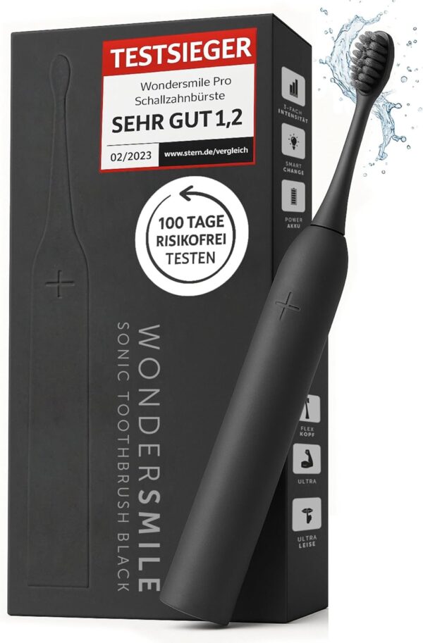 Wondersmile Schallzahnbürste PRO - Testsieger 2025-100 Tage risikofrei testen - Elektrische Zahnbürste mit 4 Putzprogrammen - Ultraschallzahnbürste mit smarten Bürstenkopf (1er Set, Ultimate Black)