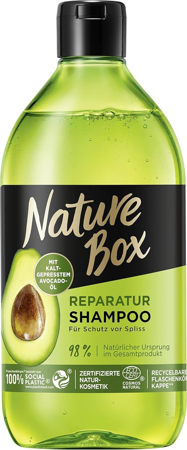 Nature Box Shampoo Reparatur (385 ml), Shampoo für strapaziertes Haar mit kaltgepresstem Avocado-Öl, Haarshampoo für Schutz vor Spliss, Flasche aus 100 % recyceltem Social Plastic