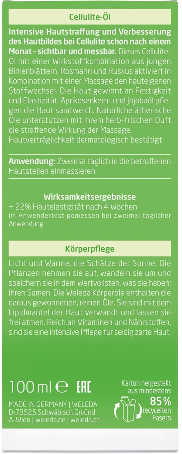 WELEDA Bio Birke Anti Cellulite Öl 100ml - Naturkosmetik Hautpflege Körperöl mit Jojobaöl strafft & festigt die Haut. Massageöl mit dermatologisch bestätigter Wirkung aktiviert den Hautstoffwechsel – Bild 2