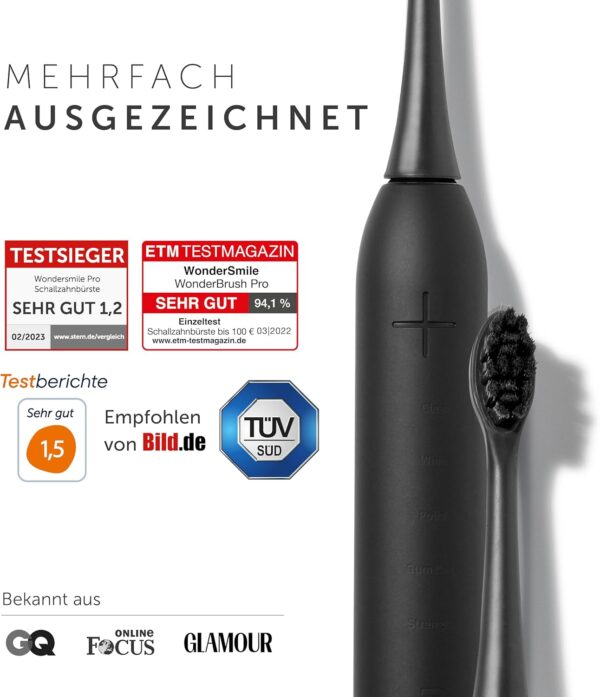 Wondersmile Schallzahnbürste PRO - Testsieger 2025-100 Tage risikofrei testen - Elektrische Zahnbürste mit 4 Putzprogrammen - Ultraschallzahnbürste mit smarten Bürstenkopf (1er Set, Ultimate Black) – Bild 3