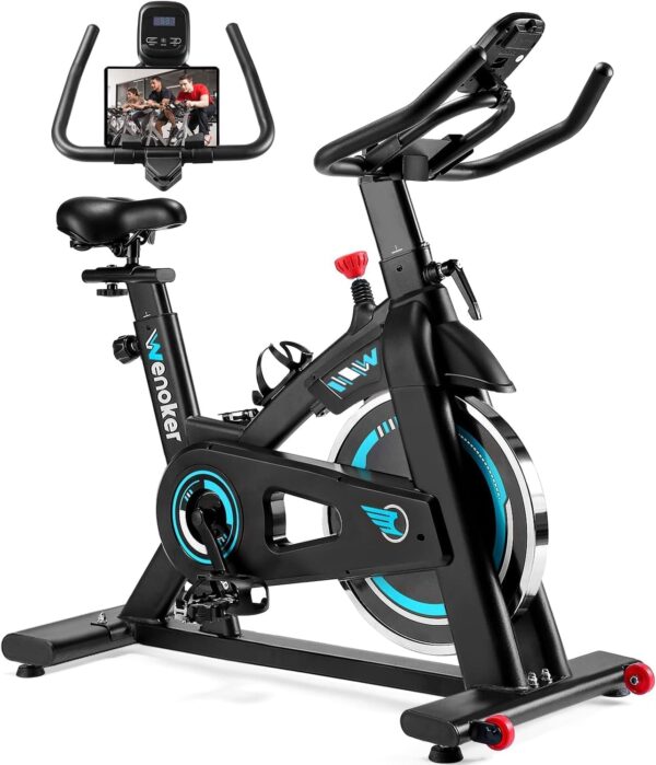 Wenoker Heimtrainer Fahrrad, Indoor Cycling Bike mit LCD-Monitor, Heimtrainer mit Pad-Halterung, Stationäres Fitnessbike für Zuhause Kardio Training, Bis 140KG