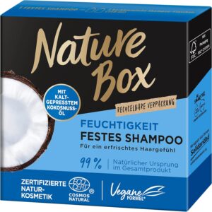 Nature Box festes Shampoo Feuchtigkeit (85 g), festes Haarshampoo mit Kokosnussöl spendet den Haaren Feuchtigkeit bis in die Tiefe, Haarpflege-Shampoo in recycelbarer Verpackung