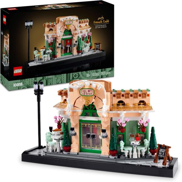 LEGO Icons Französisches Café - Deko fürs Wohnzimmer oder Büro - Bauset für Erwachsene inkl. pittoresker Fassade, aufgehängten Blumentöpfen und Stühlen - Geschenk für Männer & Frauen 10362