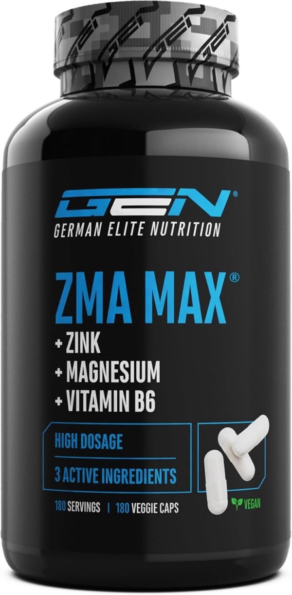 ZMA MAX - 180 Kapseln - Extra hochdosiert - Zink + Magnesium + Vitamin B6 - Premium: Mit 3 Magnesiumverbindungen - Laborgeprüft - Vegan