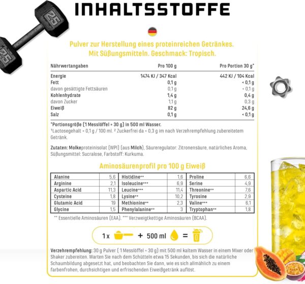 Clear Whey Isolate Proteinshake - Fruchtig & erfrischender Eiweiß-Shake - Hochwertiges Molkenprotein-Isolat (1x 900 g, Tropischer Punsch) – Bild 2