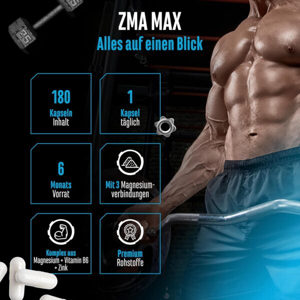ZMA MAX - 180 Kapseln - Extra hochdosiert - Zink + Magnesium + Vitamin B6 - Premium: Mit 3 Magnesiumverbindungen - Laborgeprüft - Vegan – Bild 2